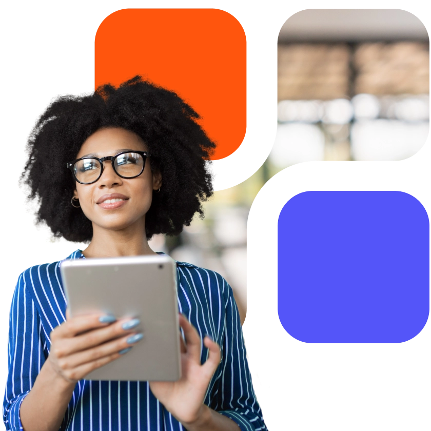 Business woman is working on her tablet in an abstract office setting